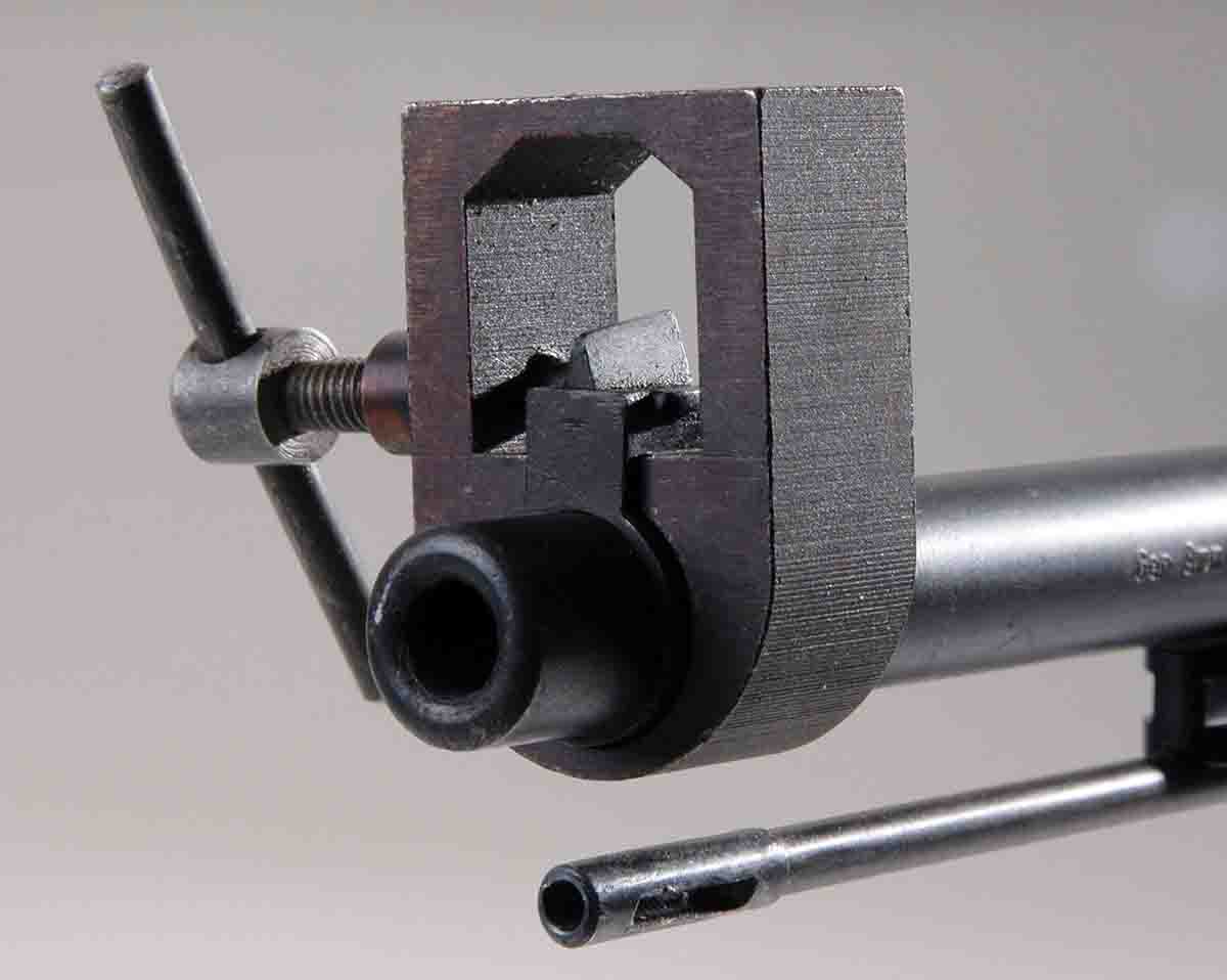 Tools devised for specific barrels are a useful aid when moving front sights for zeroing. This one is used for military Mausers.